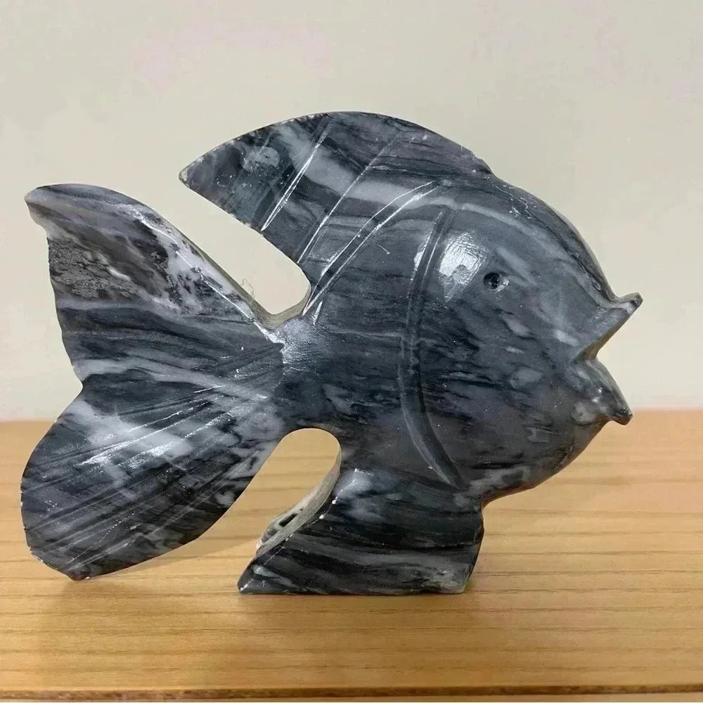 Angelfish Carved Stone Figurine Polished Rock Fish Gray White Granite Marble